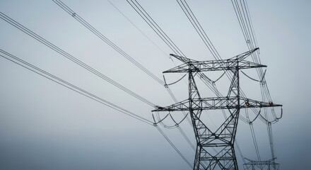 Power transmission tower with high voltage lines silhouetted against a grey sky for electricity supply and infrastructure.