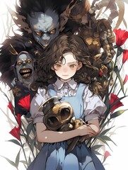 Young anime girl holding gold gas mask, concerned expression, menacing figures