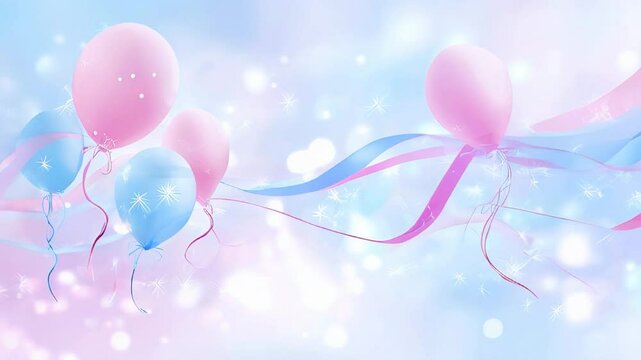 Colorful balloons in pastel shades float against a dreamy blue background, surrounded by sparkling stars and festive ribbons, creating a joyful celebration atmosphere