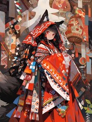 Striking anime style character with red eyes and black hair wears vibrant kimono with patchwork design, complemented by fox tail, against backdrop with lantern. Anime illustration.