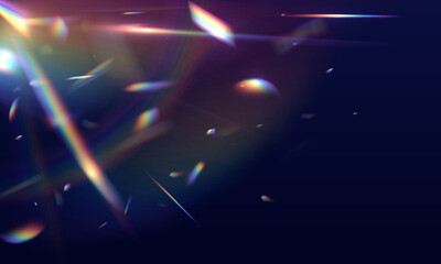 Set Rainbow crystal light leak flare reflection effect. Spectrum lights rays glowing on transparent...