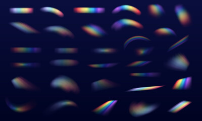 Set Rainbow crystal light leak flare reflection effect. Spectrum lights rays glowing on transparent...