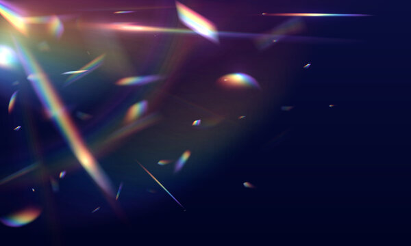 Set Rainbow crystal light leak flare reflection effect. Spectrum lights rays glowing on transparent backgrounds illustrations png.