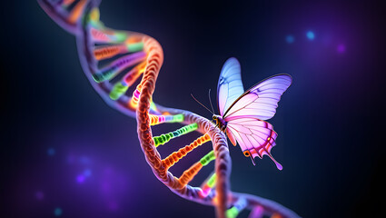 Colorful butterfly on dna helix genetic science concept