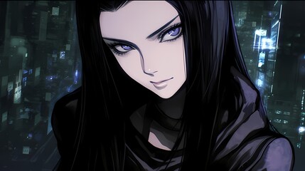 Young woman with blue eyes and dark hair stands calmly in cityscape at night, anime inspired features.