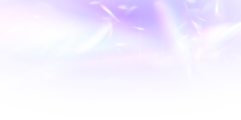 Holographic rainbow light refraction texture overlay with abstract soft bokeh effect on a transparent PNG backdrop.  Rainbow flickering glow with confetti light and crystal flare.