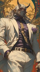 Anime illustration of a mysterious figure with demonic horns and red eyes, wearing white suit with purple accents, fantasy concept.