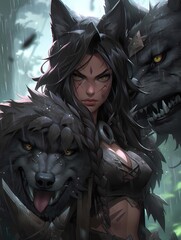 Anime illustration of a warrior with animal ears standing in a misty forest with wolves.