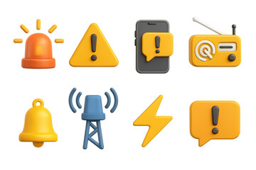 Early Alert Icon Set. 3D icon set of early warning and alert systems: siren, warning triangle, SMS phone, radio broadcast, bell,