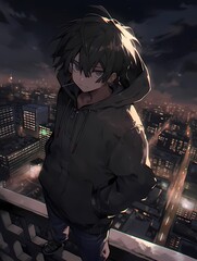 Anime illustration of a young man with dark hair and a hoodie on a rooftop at night.