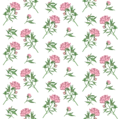 Fotobehang Tropische Bladeren Minimalistic flowers seamless pattern. Delicate pink peony with stem and leaves, small bud on pink background. Botanical spring pattern. For wallpaper, textiles, postcards. Vector illustration.  © Anastasiia