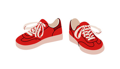 Women's red sneakers. Sports spring fashion. Trendy women's shoes. Sports spring fashion. Comfortable clothes and shoes. Trendy minimalist style. Vector flat illustration.