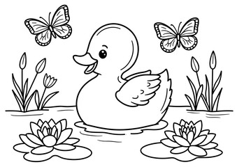 Obraz premium Happy duck swimming with butterflies against lily pads - A4 coloring page