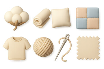 Cotton Anniversary Icons. 3D icons set of cotton anniversary (2nd): cotton boll, textile roll, pillow, quilt patch, cotton shirt,