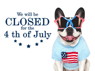 Signboard with the inscription We will be closed for the 4th of July. Cute puppy. Closeup, indoors. Studio shot. Congratulations for family, loved ones, friends and colleagues. Pets care concept