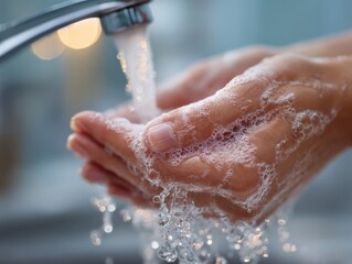 Fototapeta premium Close-Up of Hands Washing with Bubbles Under Faucet Stream