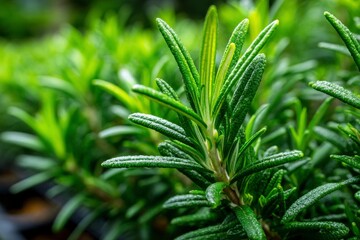 Fresh Green Rosemary Herbs with Dewdrops in Natural Garden Setting