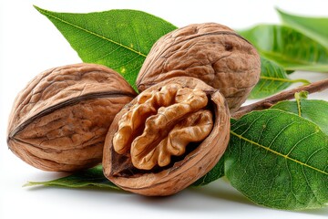 Whole and Halved Walnuts with Green Leaves on a White Background