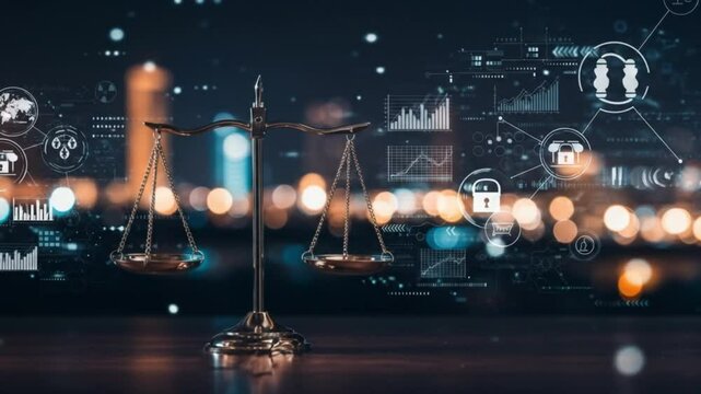 A digital justice concept featuring scales of justice with data charts and icons on a blurred background