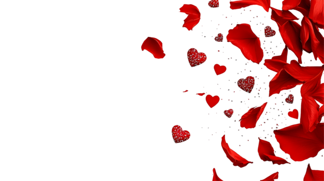 Falling red rose petals and hearts on black background