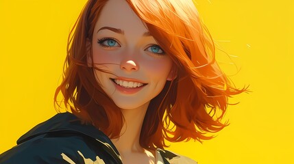 Obraz premium Young woman with orange hair and blue eyes smiling against yellow background.