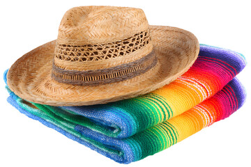 A traditional sombrero hat and a colorful woven blanket isolated on a transparent background, showcasing vibrant Mexican cultural elements

