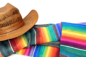 A traditional sombrero hat and a colorful woven blanket isolated on a transparent background, showcasing vibrant Mexican cultural elements
