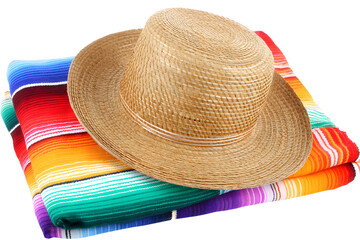 A traditional sombrero hat and a colorful woven blanket isolated on a transparent background, showcasing vibrant Mexican cultural elements
