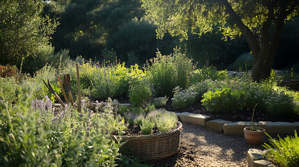 Serenene Herb Garden with Stone Pathway and Woven Basket