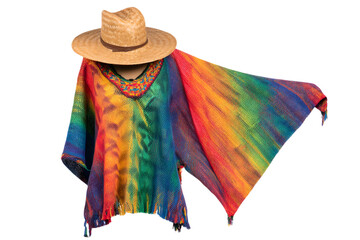 A traditional sombrero hat and a colorful woven blanket isolated on a transparent background, showcasing vibrant Mexican cultural elements

