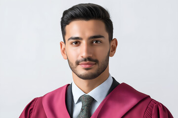 Confident young man in maroon graduation gown and tie posing proudly against a light background