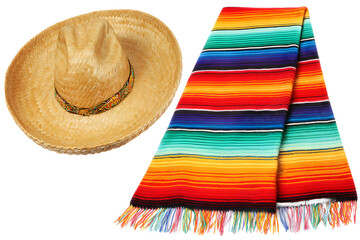 A traditional sombrero hat and a colorful woven blanket isolated on a transparent background, showcasing vibrant Mexican cultural elements
