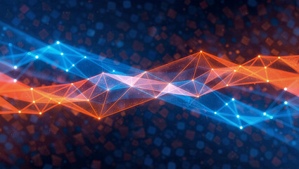 Colorful geometric vibrant light reflections with blue and orange glowing lines create a dynamic technology background. Futuristic gradient shapes enhance visual appeal.