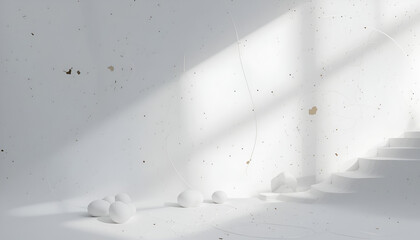 Minimalist white room interior design with stairs and spheres bathed in sunlight showcasing a serene and clean aesthetic.