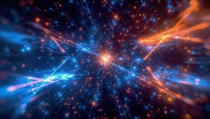 Obraz premium Vibrant colorful geometric design features glowing blue and orange lines reflecting light. This futuristic background concept is ideal for modern technology projects.