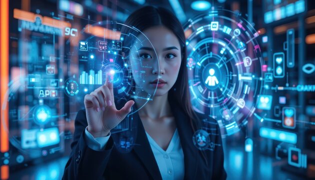 Innovative female professional interacts with futuristic interface hologram