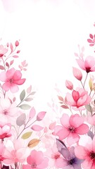 A vibrant watercolor background featuring an array of delicate flowers in soft pastels, blending harmoniously with lush green leaves, creating a serene atmosphere.