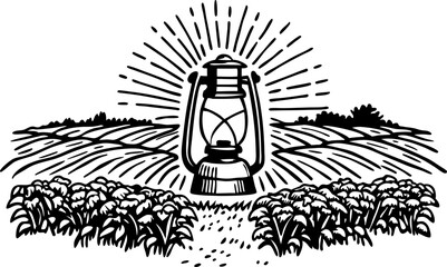 Fototapeta premium Vintage oil lantern illuminating rural farm field black and white nature illustration, sunrise, wildflowers landscape