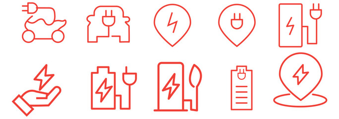 Electric car line icons set. electric vehicle charging station, EV plug, bus, motorcycle, energy recovery, smart e car, Minimal outline icon collection, Editable stroke, pixel perfect.