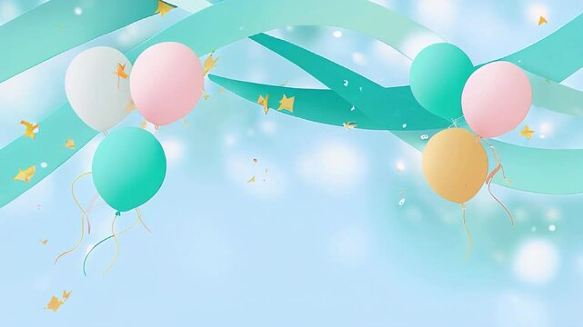 Colorful balloons in pastel shades float against a dreamy blue background, surrounded by sparkling stars and festive ribbons, creating a joyful celebration atmosphere