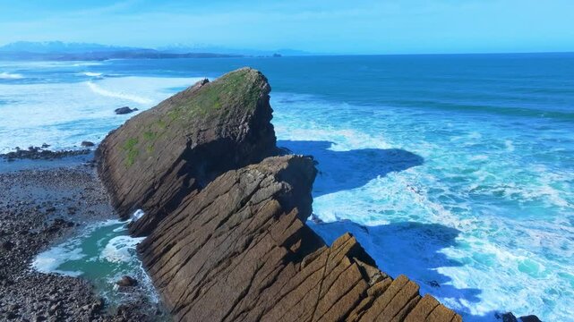 Waves on the cliffs of Madero Beach in the Dunes of Liencres Natural Park. Liencres, Pi&eacute;lagos Municipality, Costa Quebrada Geopark, Cantabrian Sea, Cantabria, Spain, Europe