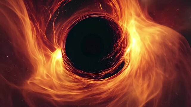 Fiery black hole at the center of swirling gases in deep space showcasing cosmic phenomena, Fiery black hole in deep space with swirling gases and intense colors Space concept