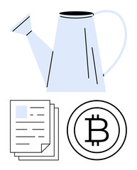 Watering can for growth, paper stack for documentation, and Bitcoin symbol for cryptocurrency. Ideal for finance, blockchain, investment, growth metaphor, digital trends, sustainability flat simple