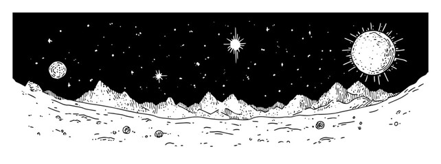 space landscape with stars and sun hand drawn scene © Kaz