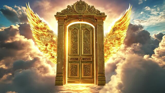 Golden door opens to heaven surrounded by clouds for righteous souls, golden door open on heaven with cloud, for good man in faithful video background ing