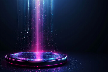 Tech hologram stand with light beam and particles