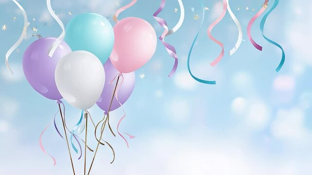 Colorful balloons in pastel shades float against a dreamy blue background, surrounded by sparkling stars and festive ribbons, creating a joyful celebration atmosphere