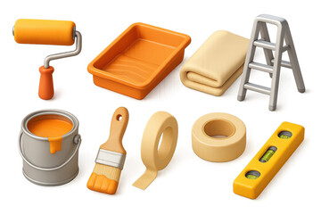 Wall Painting Tools. 3D icon set of painting a wall together: paint roller, paint tray, drop cloth, ladder, paint can, brush,