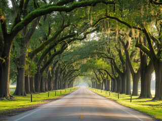 Scenic Driveway under Majestic Oak Trees with Spanish Moss in Louisiana