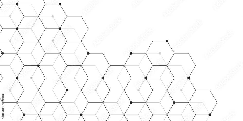 Poster Molecular structure abstract tech background. Geometric white background. Vector banner design with hexagons. Science network pattern, connecting lines and dots Medical background, Vector illustration